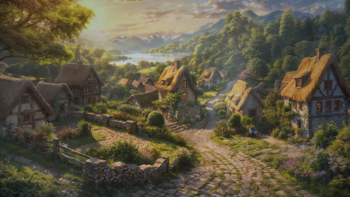 Peaceful medieval fantasy village surrounded by green hills and mountains