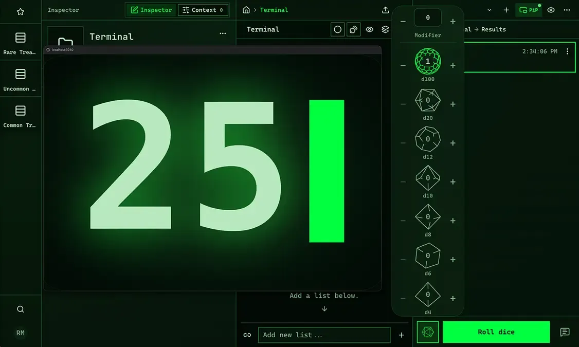Displaying quick dice roll in Picture-in-Picture window using the Hacker theme