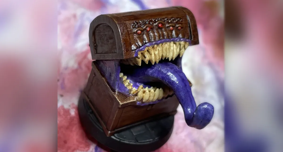Finished treasure chest mimic miniature viewed from the left side