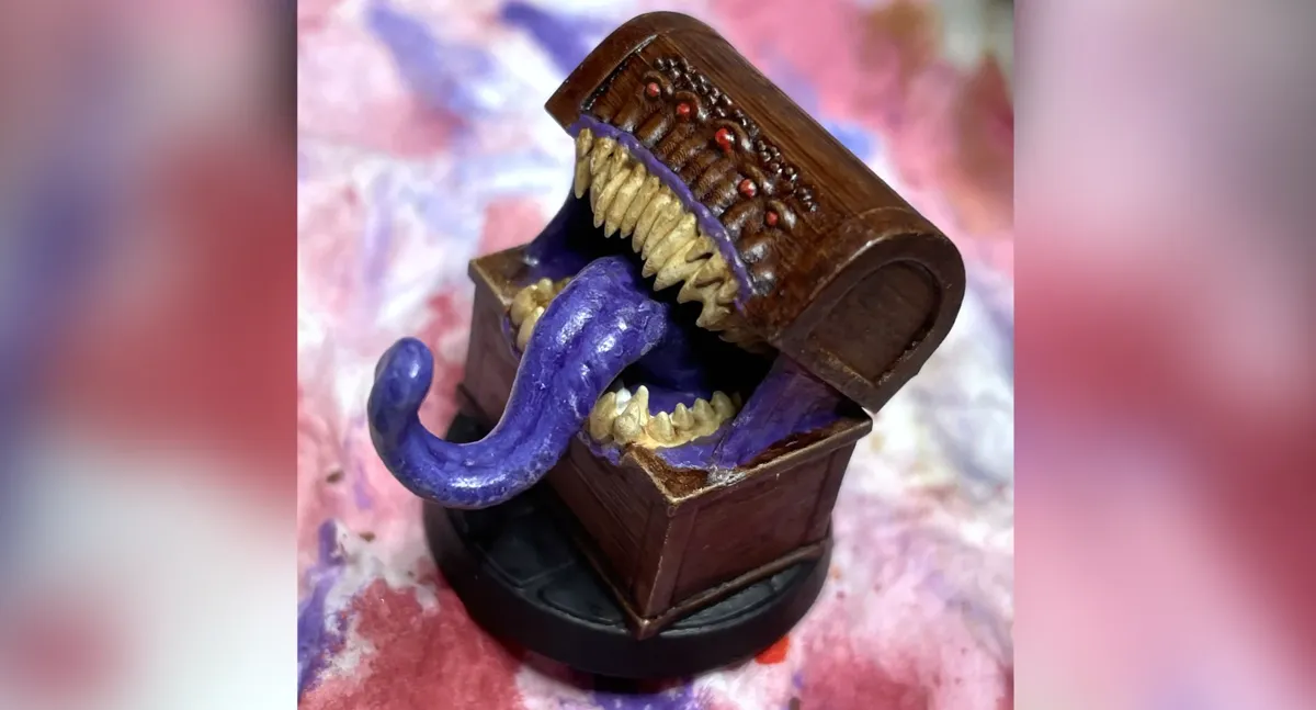 Finished treasure chest mimic miniature viewed from the right side