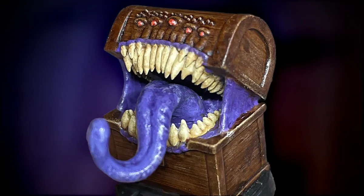 Close-up of the painted treasure chest mimic miniature