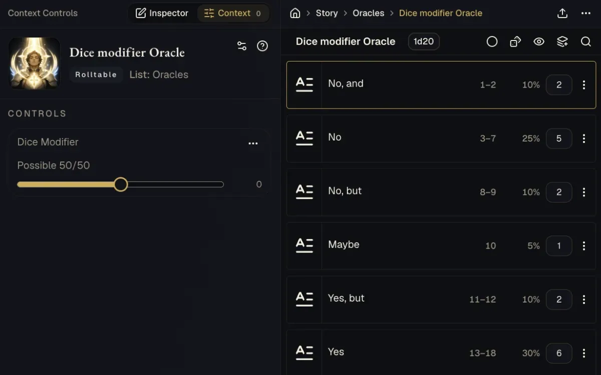 Dice Oracle table setup with a possibility slider for adjusting the roll modifier