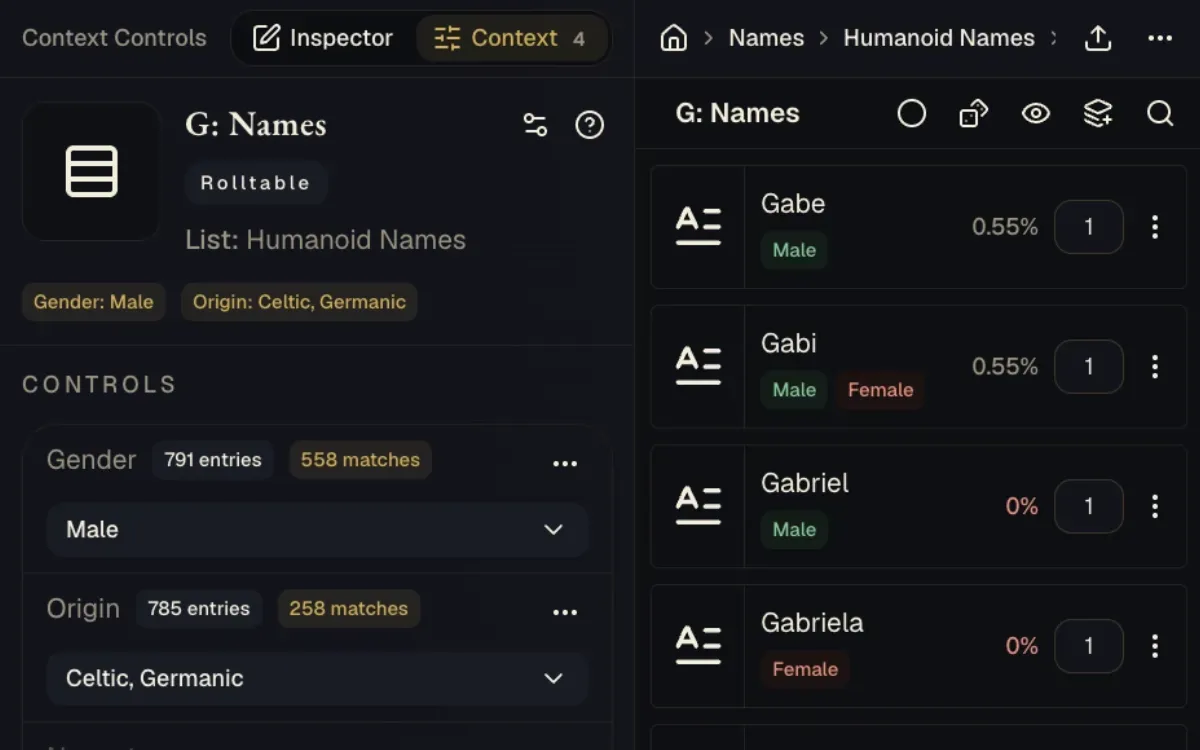 Name generator setup with variables to filter names by gender and origin