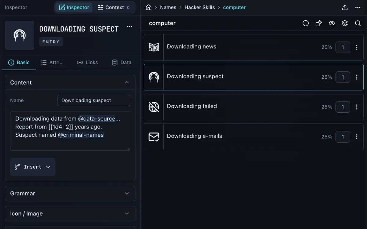 Downloading suspect Entry selected in the computer rolltable, with mentions in its Inspector