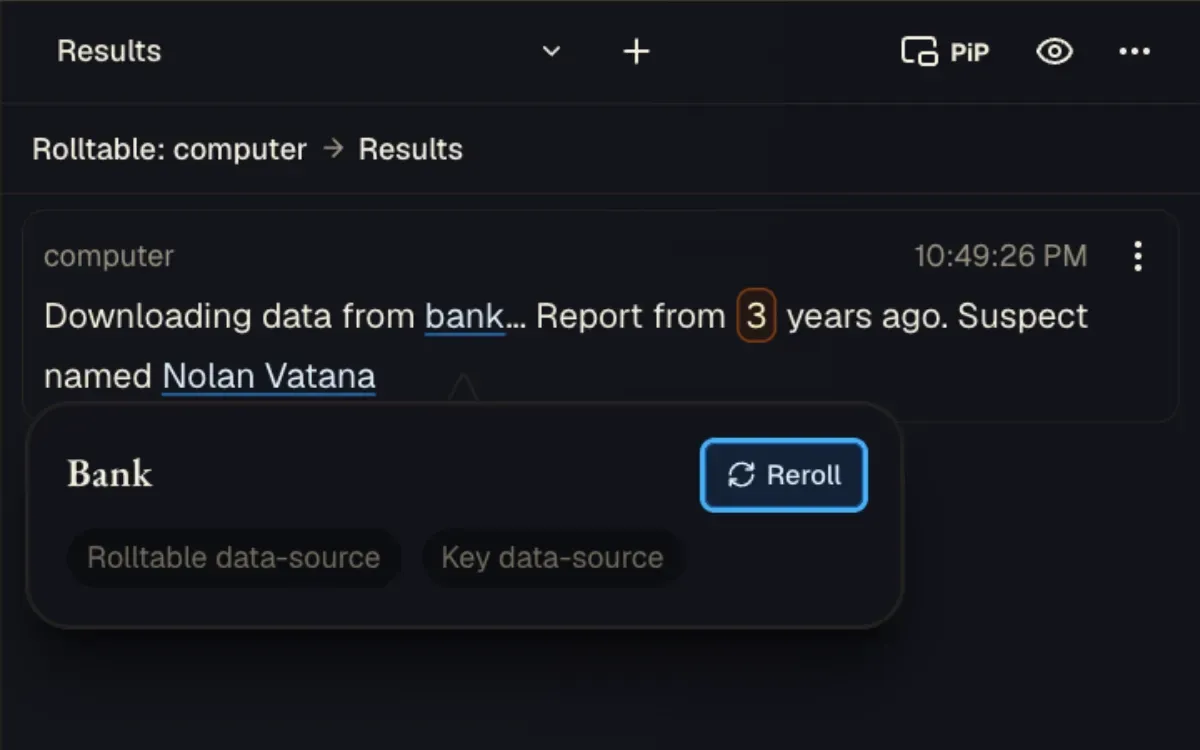 Generated suspect result with Rolltable mentions, a dice formula result, and a popover for rerolling mentions