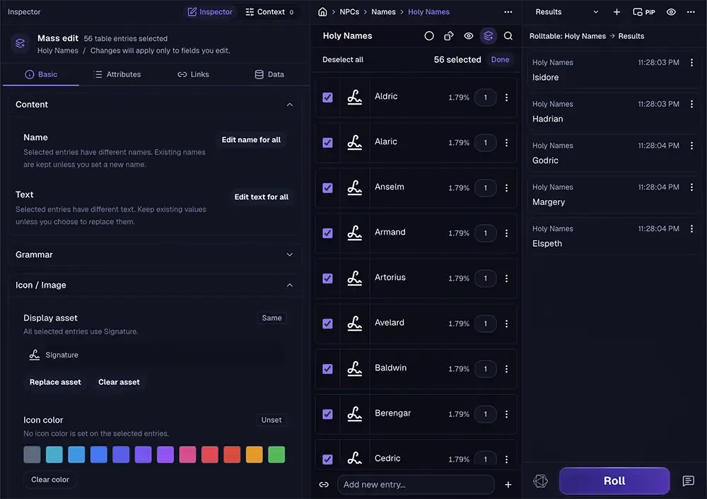 Mass Edit controls beside 56 selected entries in the Holy names rolltable